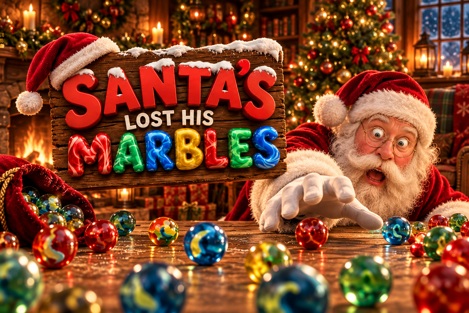 Santa reaching for colourful marbles beside a snowy sign reading Santa's Lost His Marbles